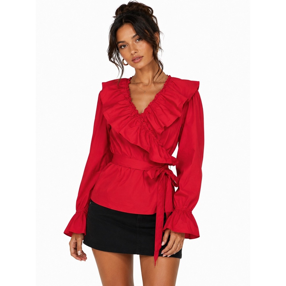 Rachel Parcell Red Ruffle Wrap Blouse V-Neck Long Sleeve Tie Waist XL